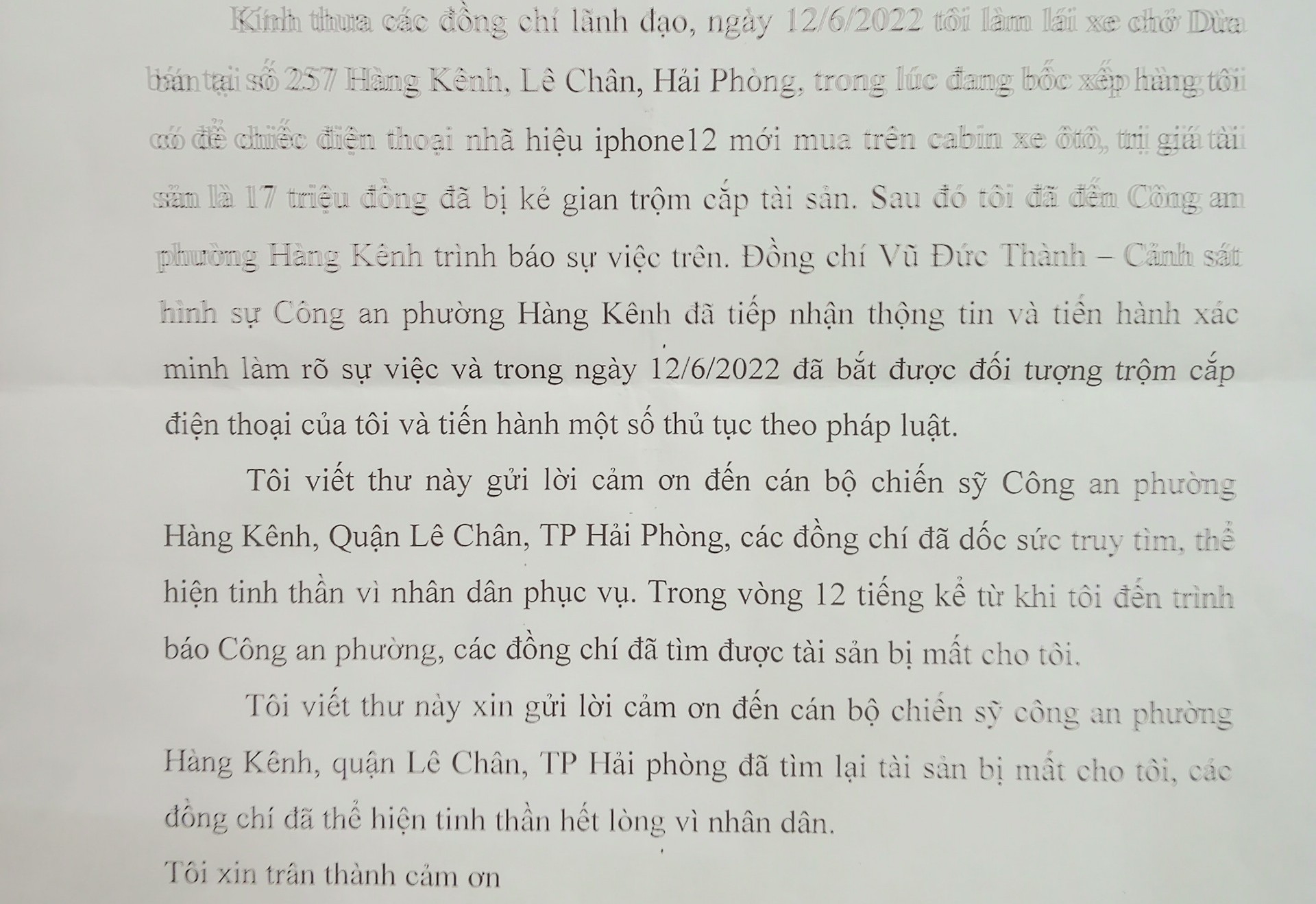 Người dân gửi thư cảm ơn Công an phường Hàng Kênh đã nhanh chóng truy tìm tài sản bị trộm cắp